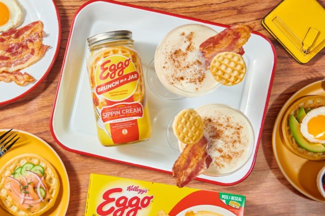 New Eggo liqueur next to breakfast table. 