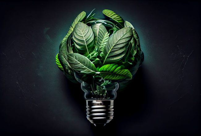 Lightbulb made of leaves, sustainability, renewable energy