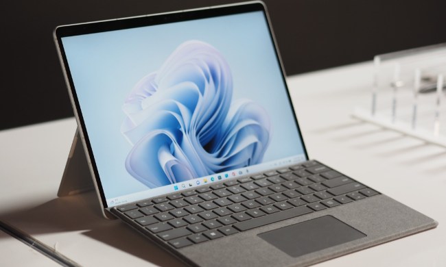 The Surface Pro 9 in laptop mode on a table.